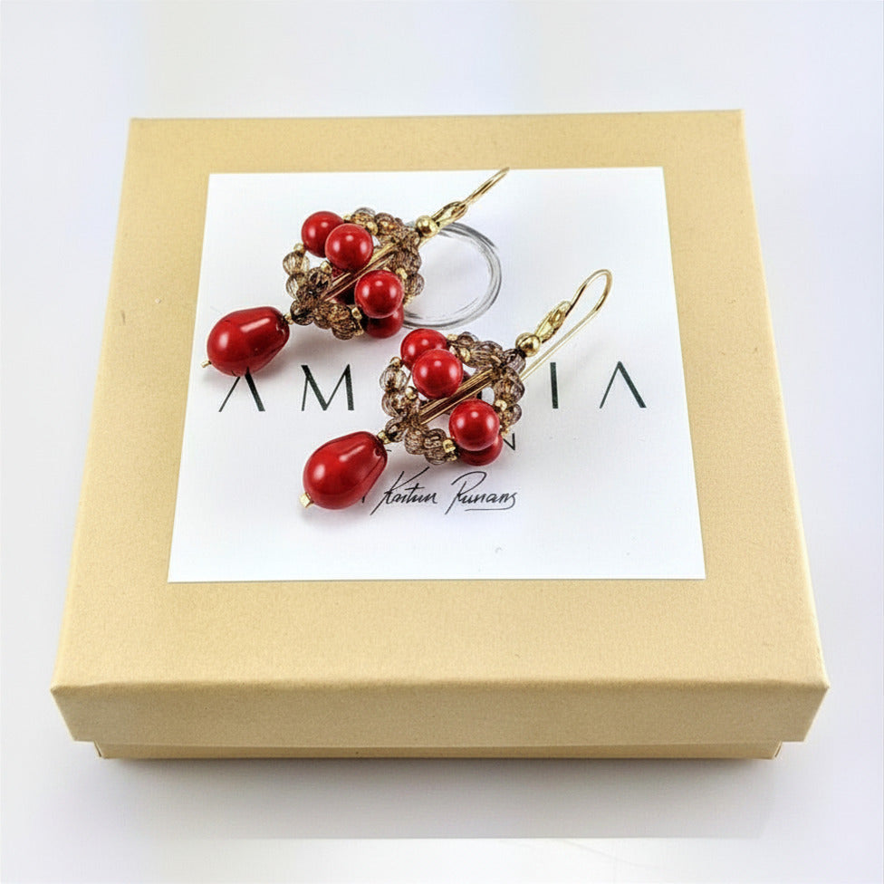 Coral red crystal pearl earrings