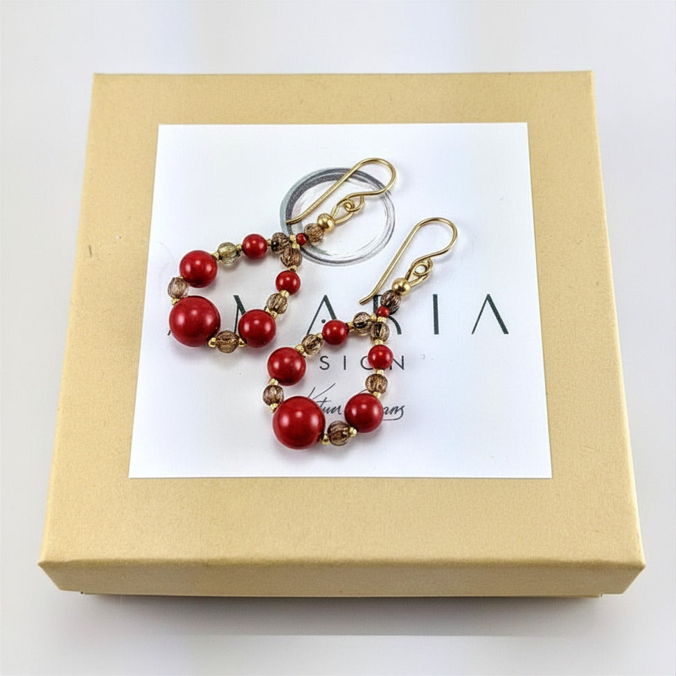 Coral red crystal pearl earrings