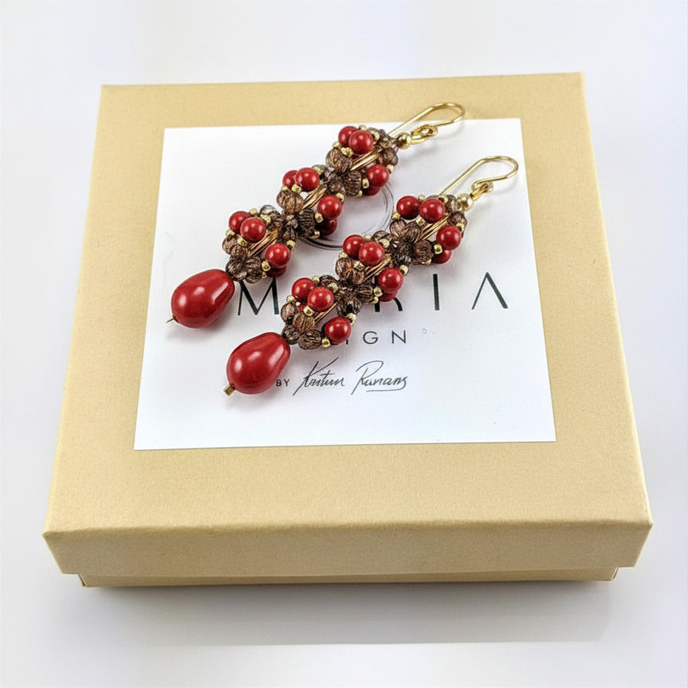 Coral Red crystal pearl earrings