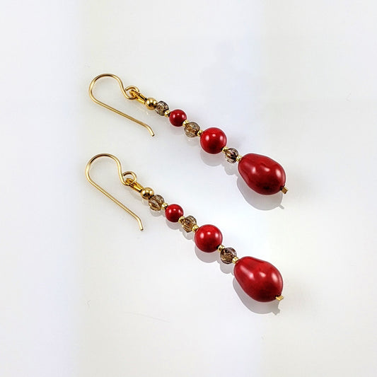 Coral red crystal pearl earrings
