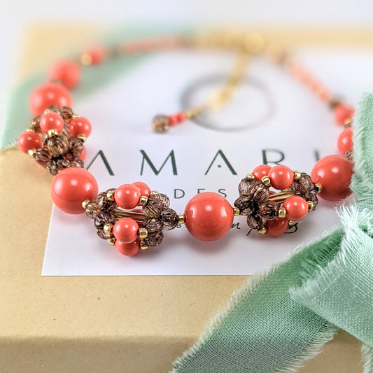 Coral crystal pearl bracelet