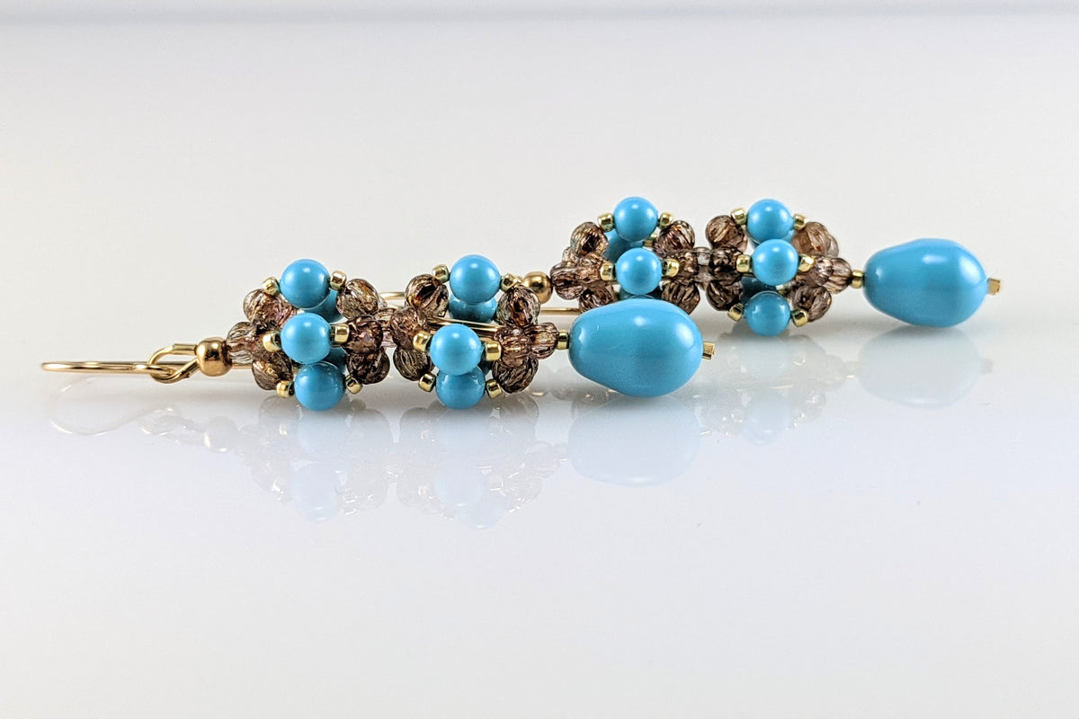 Turquoise blue crystal pearl earrings