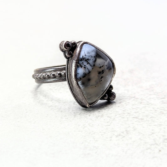 Dendritic agate silver ring with umber accent