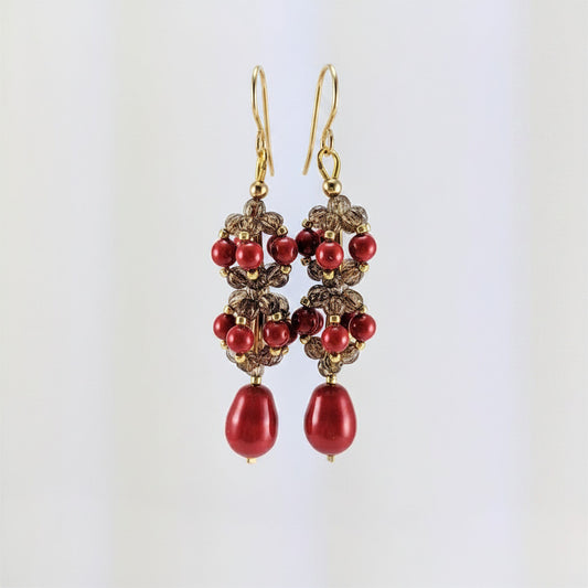 Coral Red crystal pearl earrings