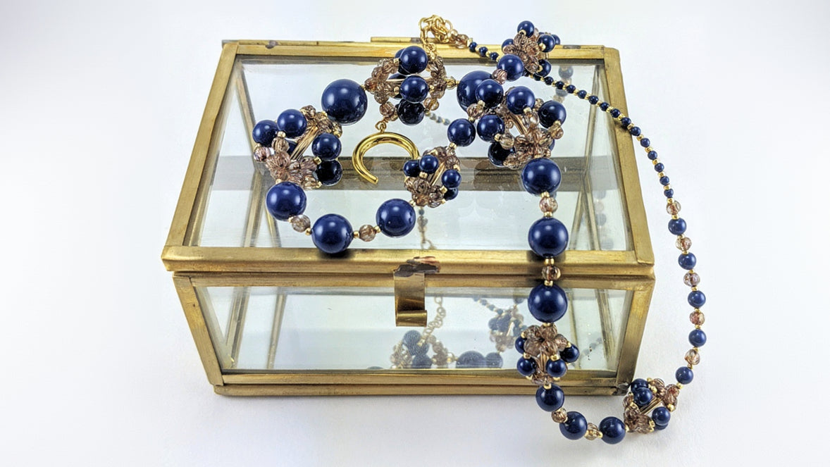Dark lapis crystal pearl necklace