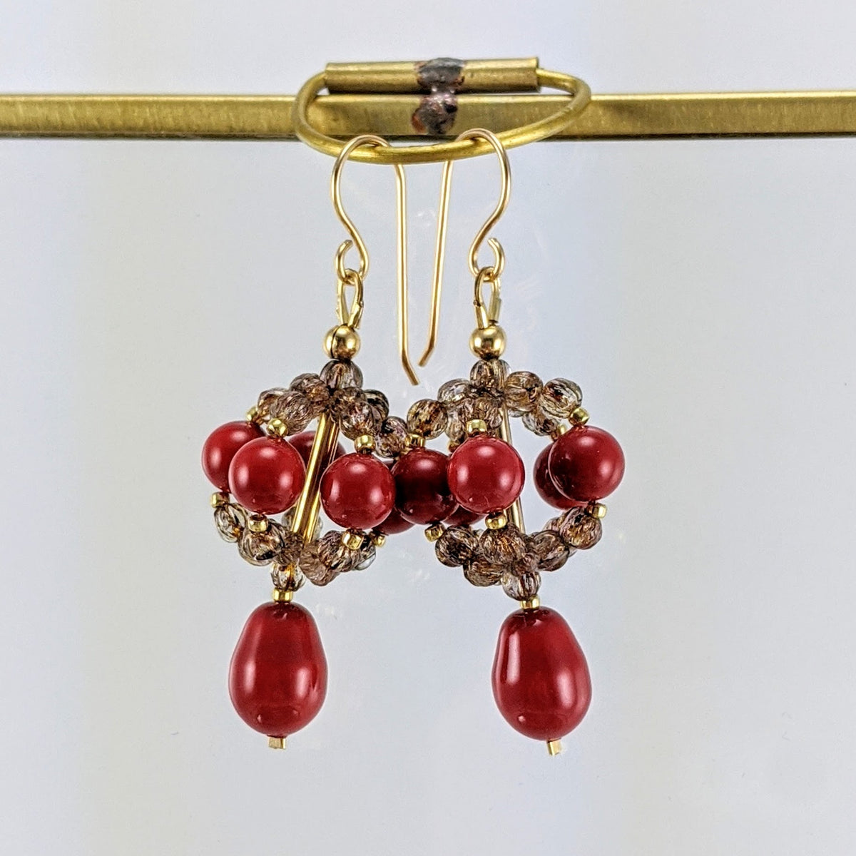 Coral red crystal pearl earrings