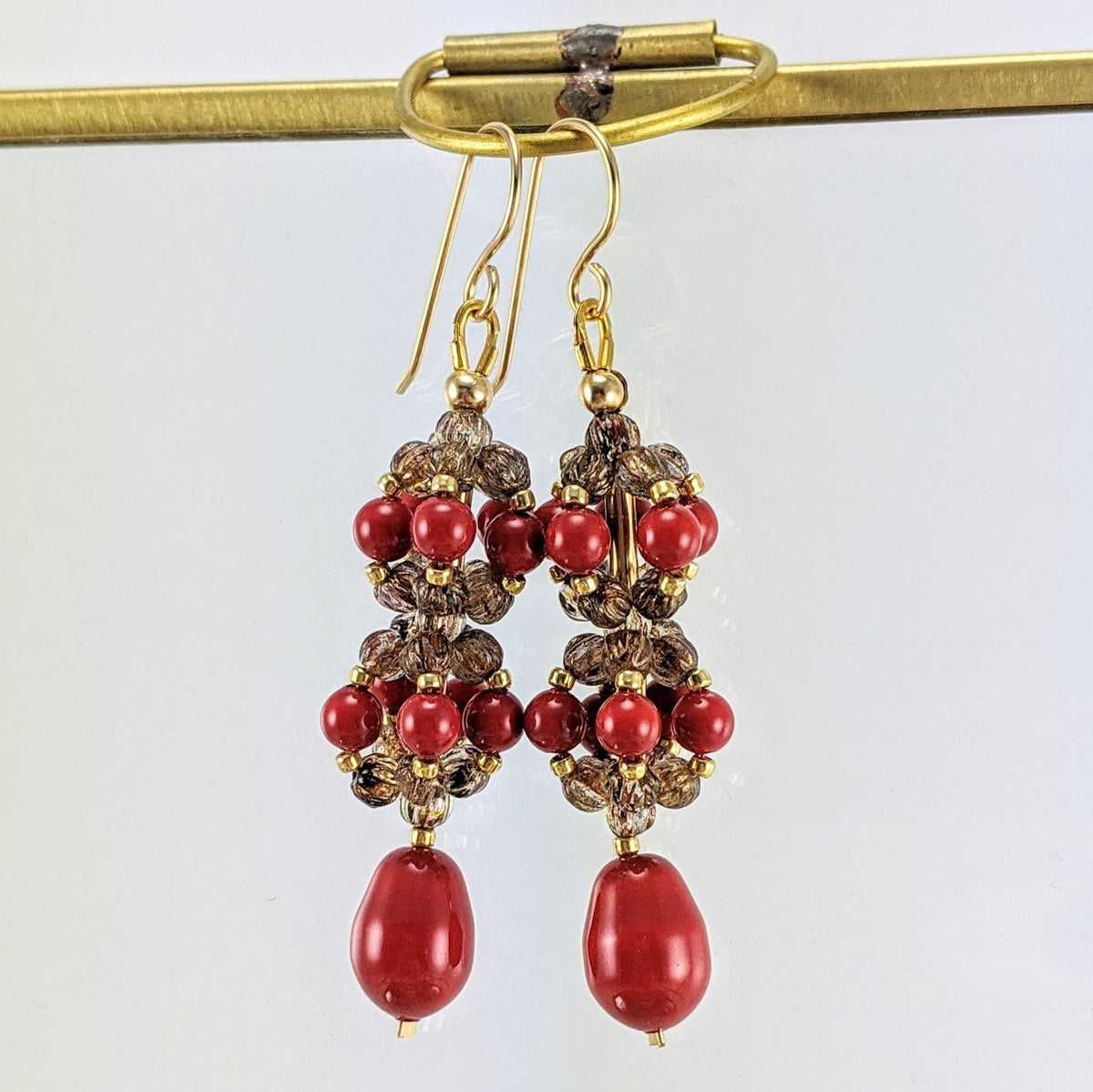 Coral Red crystal pearl earrings