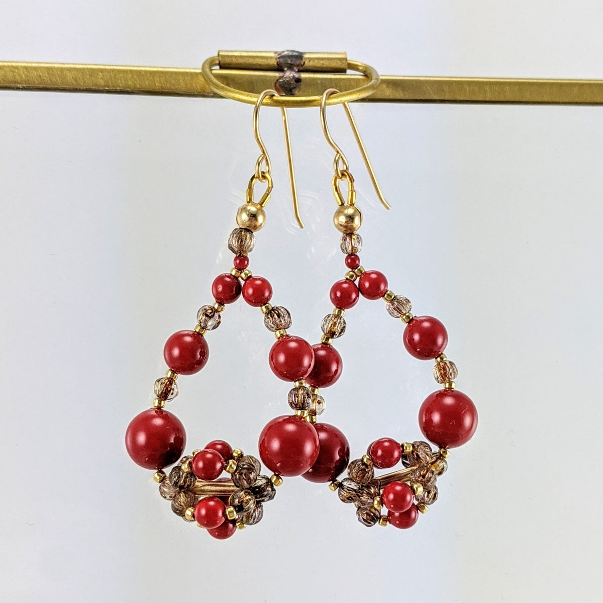 Coral red crystal pearl earrings