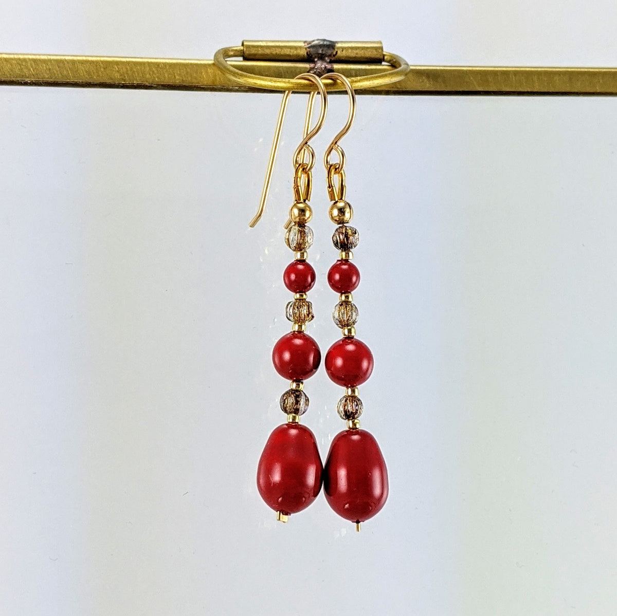 Coral red crystal pearl earrings