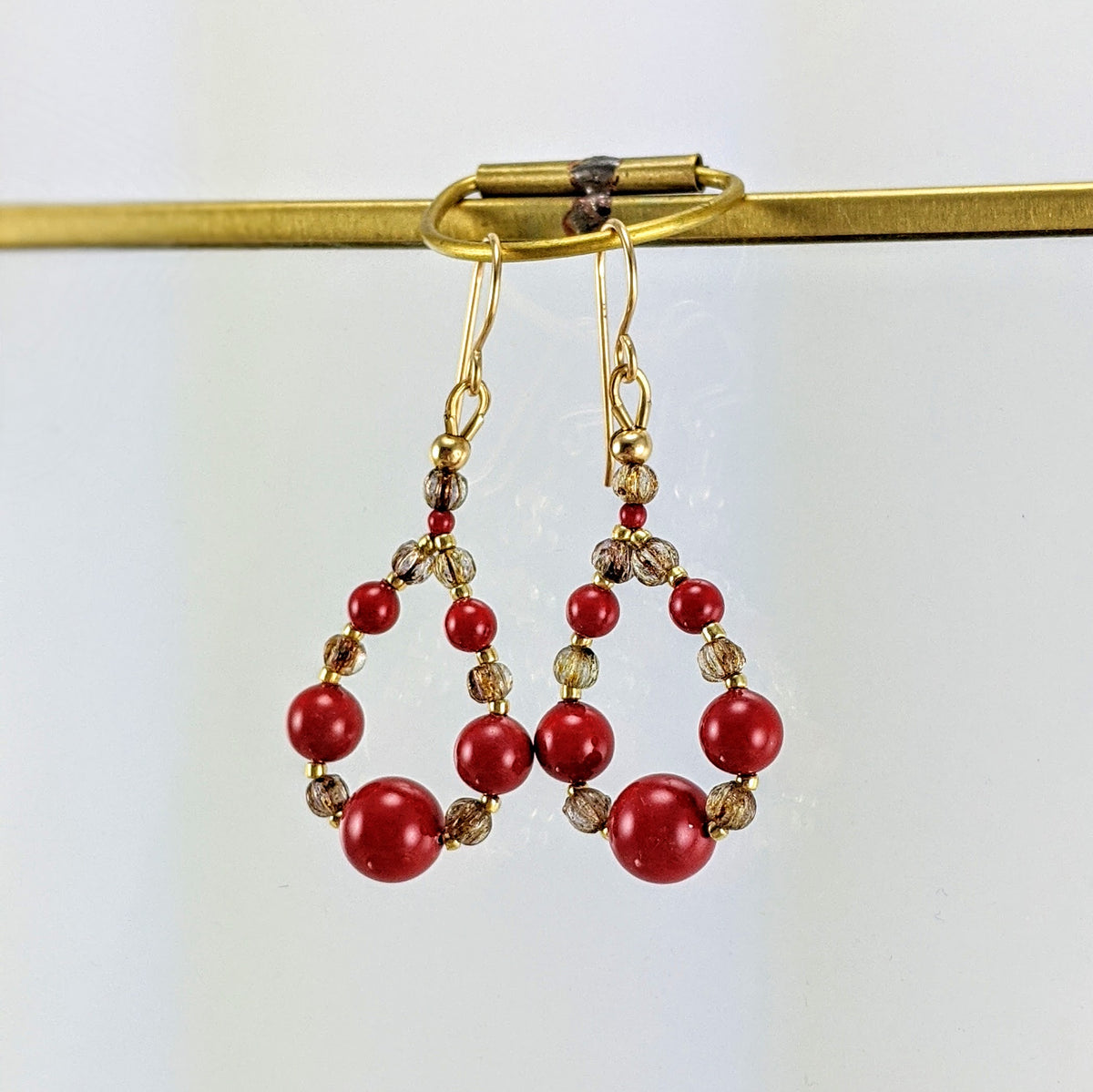 Coral red crystal pearl earrings