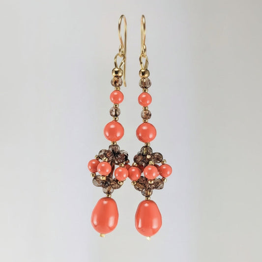 Coral crystal pearl earrings