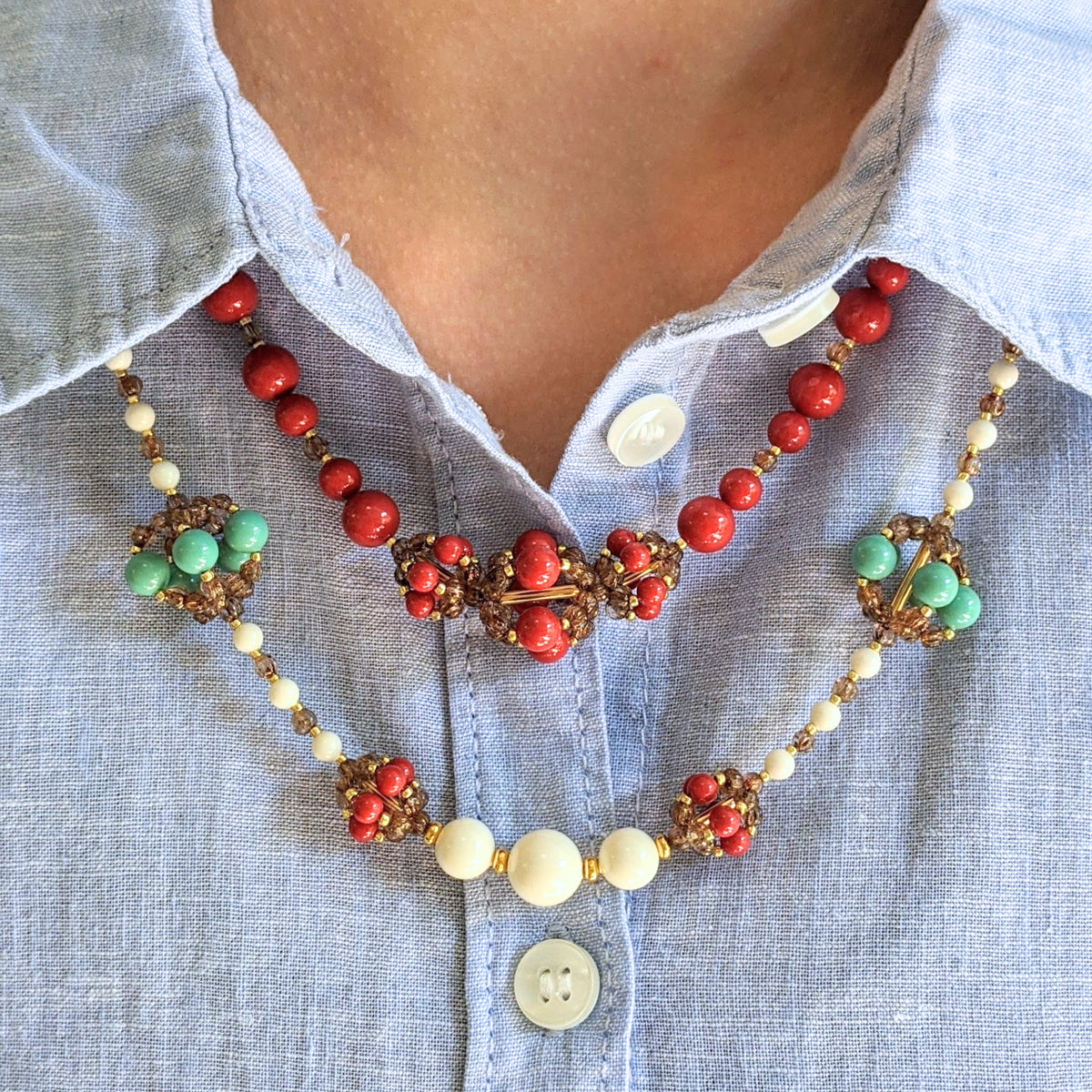 Tri - color crystal pearl necklace