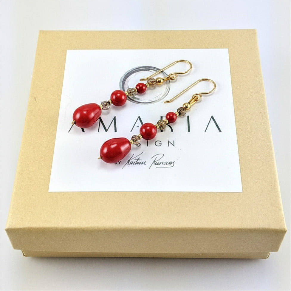 Coral red crystal pearl earrings