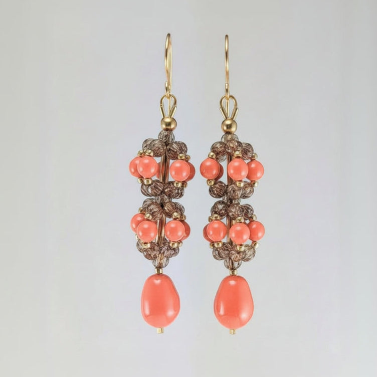 Coral crystal pearl earrings
