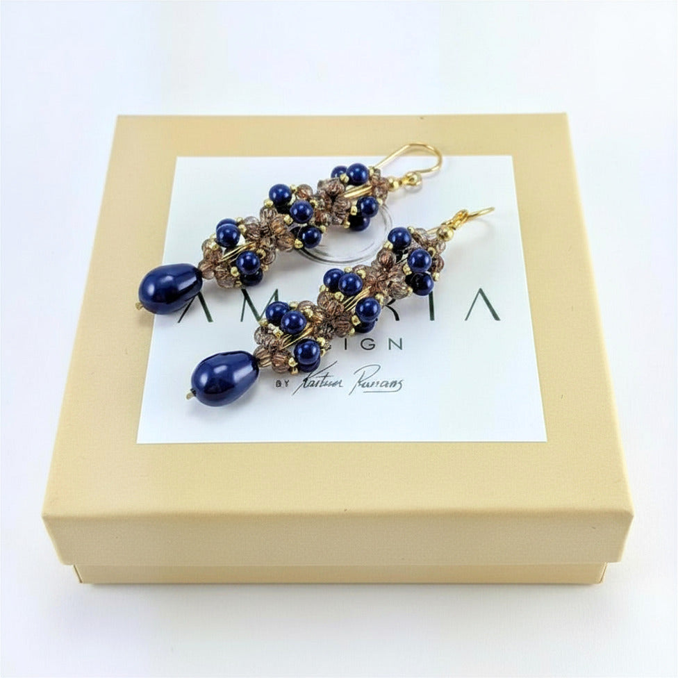 Dark lapis crystal pearl earrings