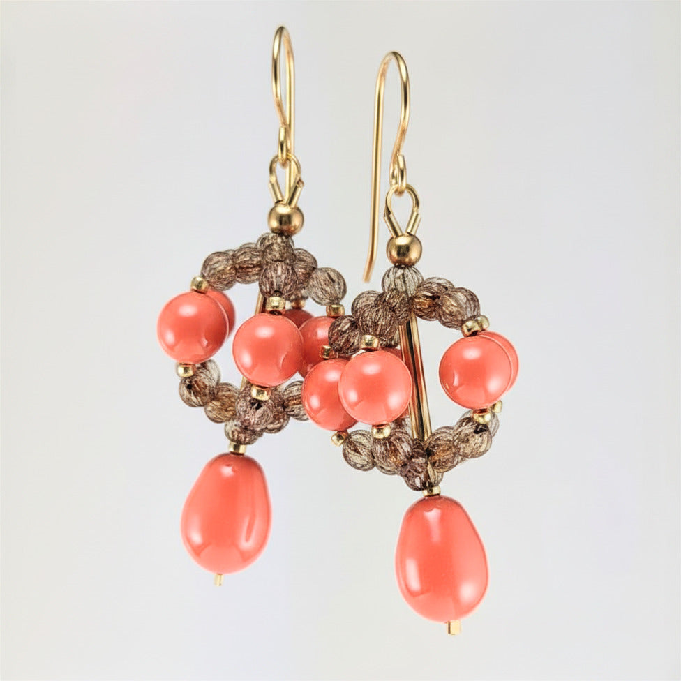 Coral crystal pearl earrings