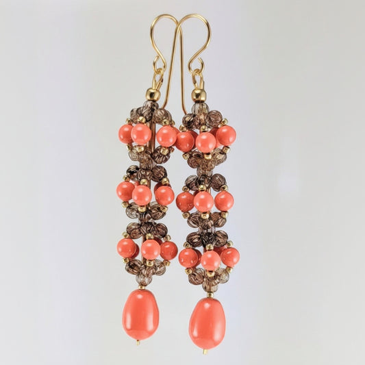 Coral crystal pearl earrings
