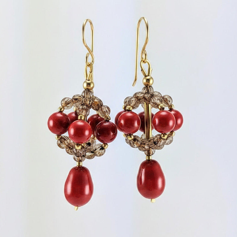 Coral red crystal pearl earrings