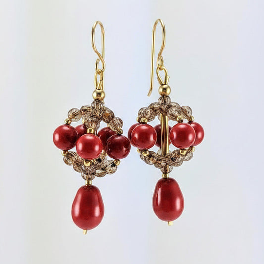 Coral red crystal pearl earrings
