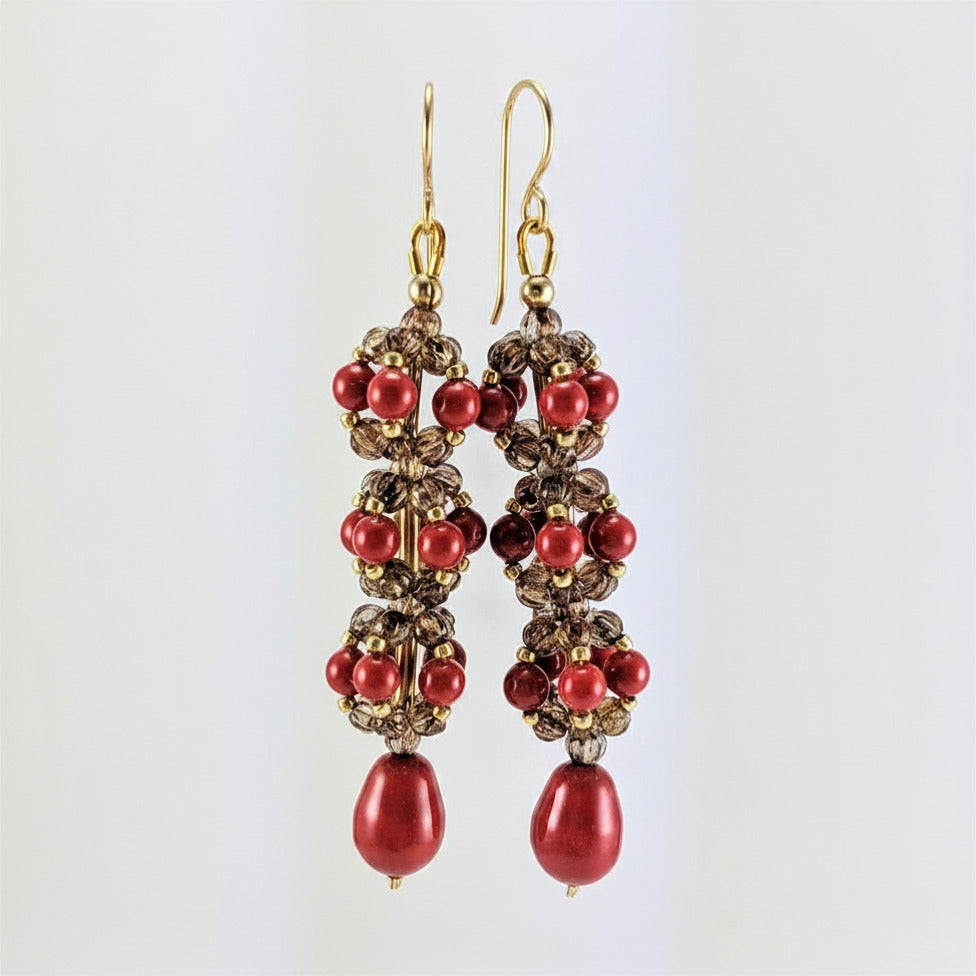 Coral Red crystal pearl earrings