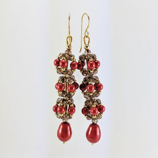 Coral Red crystal pearl earrings