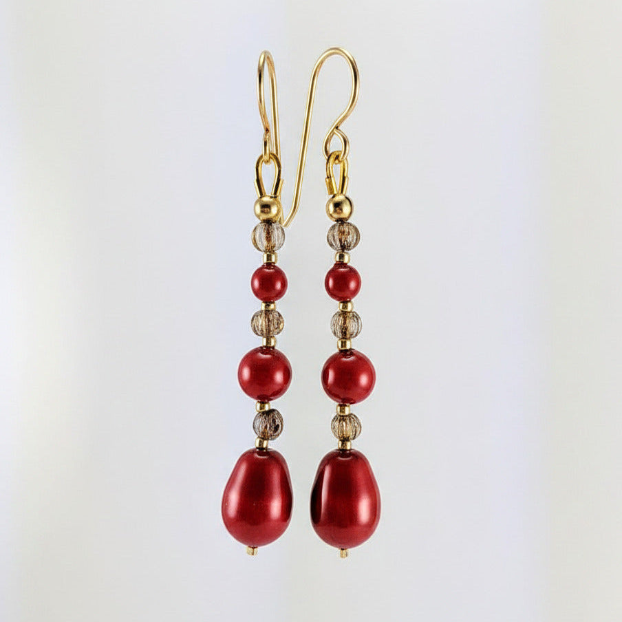 Coral red crystal pearl earrings