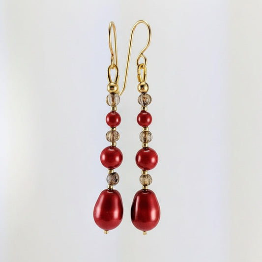 Coral red crystal pearl earrings