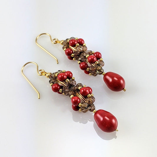Coral Red crystal pearl earrings
