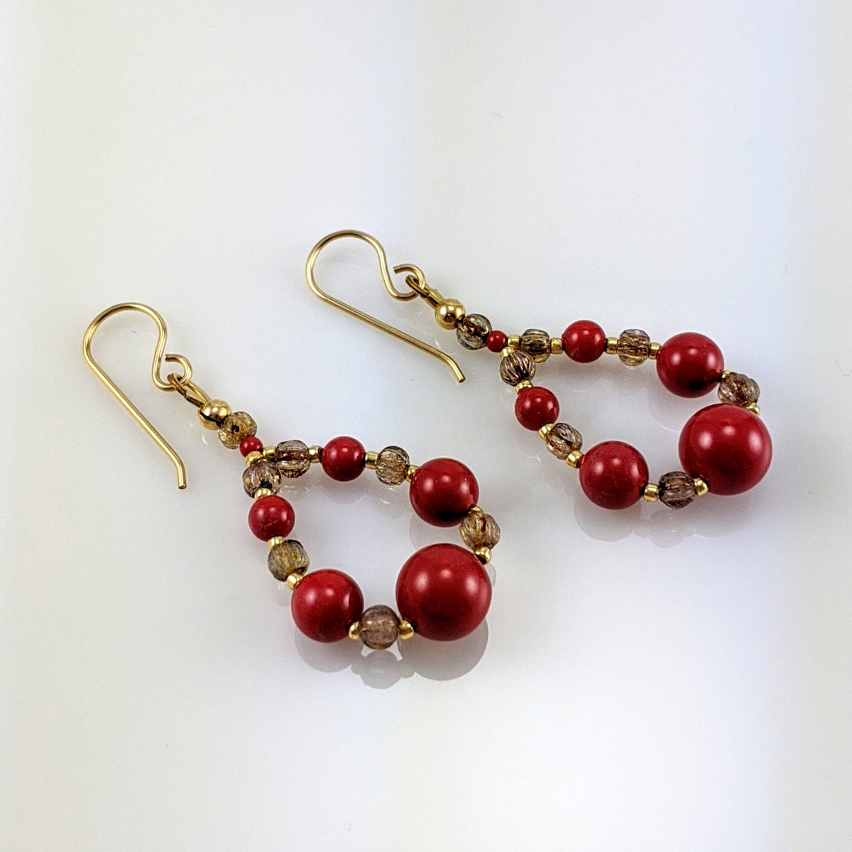 Coral red crystal pearl earrings