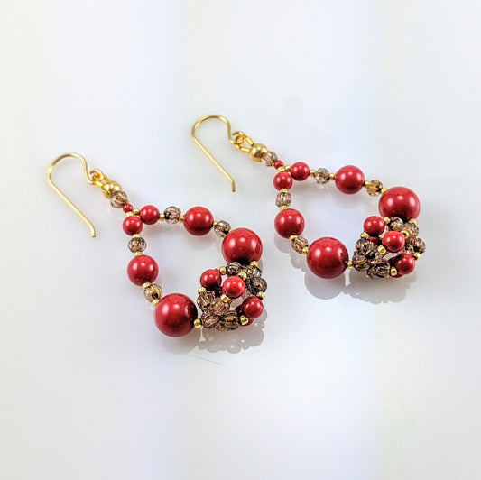 Coral red crystal pearl earrings