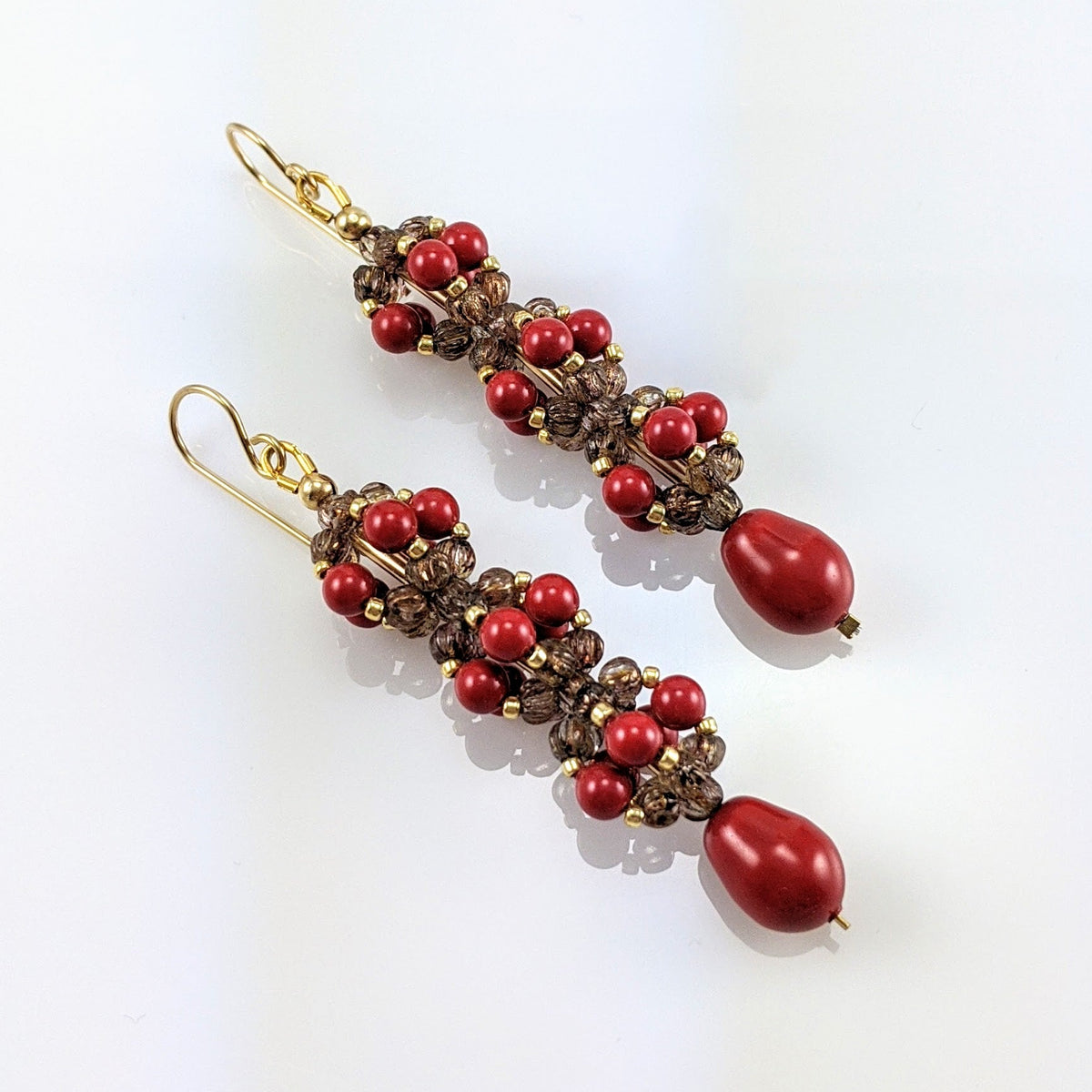 Coral Red crystal pearl earrings