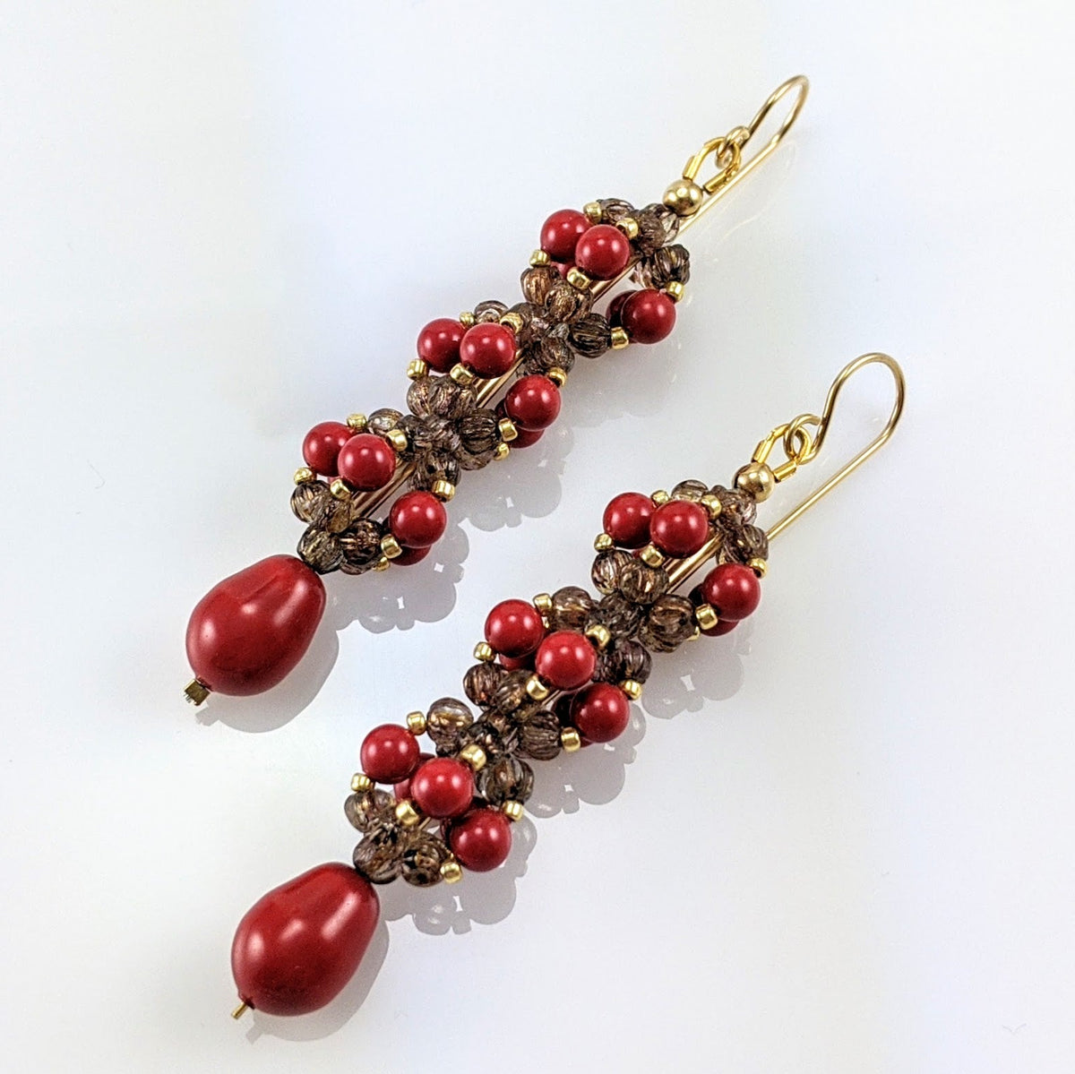 Coral Red crystal pearl earrings