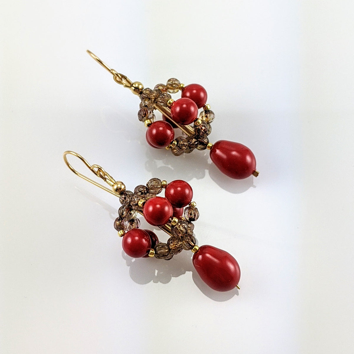 Coral red crystal pearl earrings