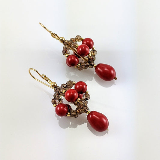 Coral red crystal pearl earrings