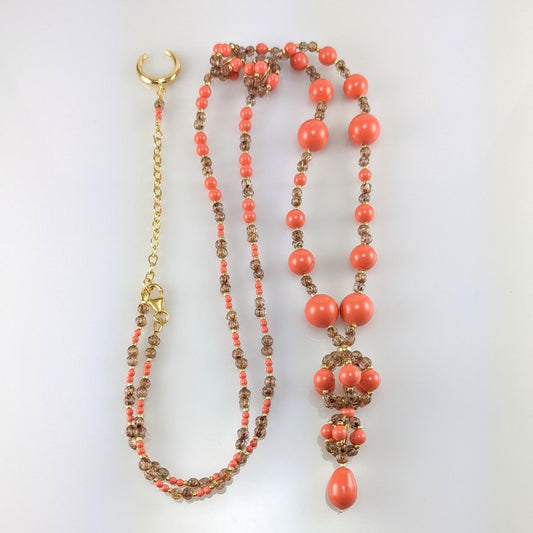 Coral crystal pearl necklace