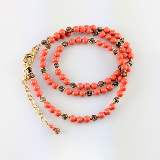 Coral crystal pearl necklace