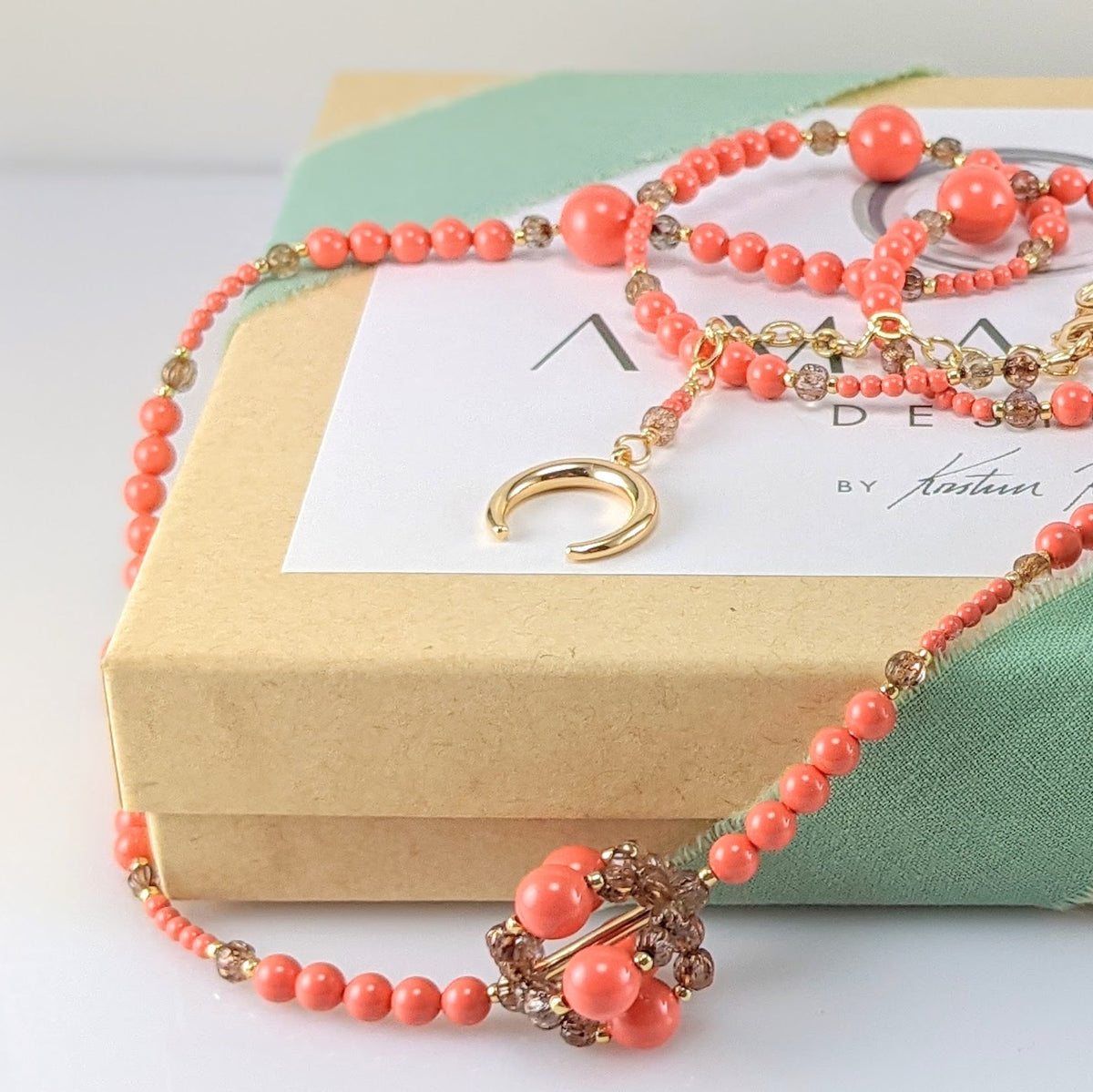 coral crystal pearl necklace