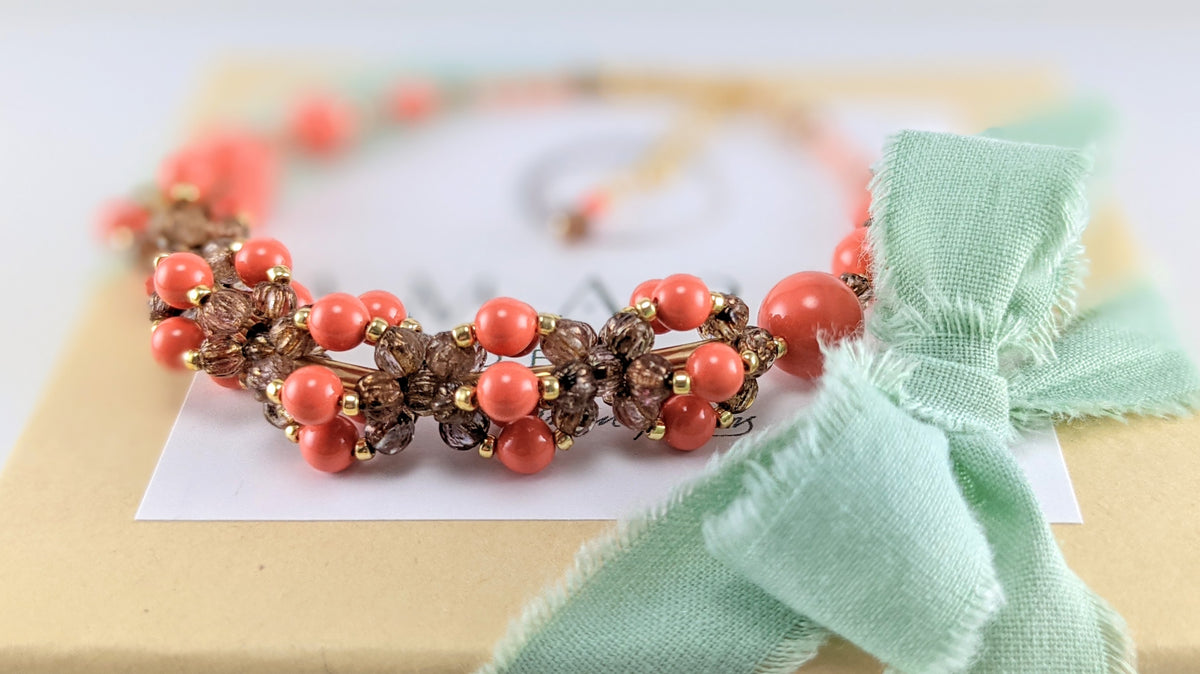 Coral crystal pearl bracelet