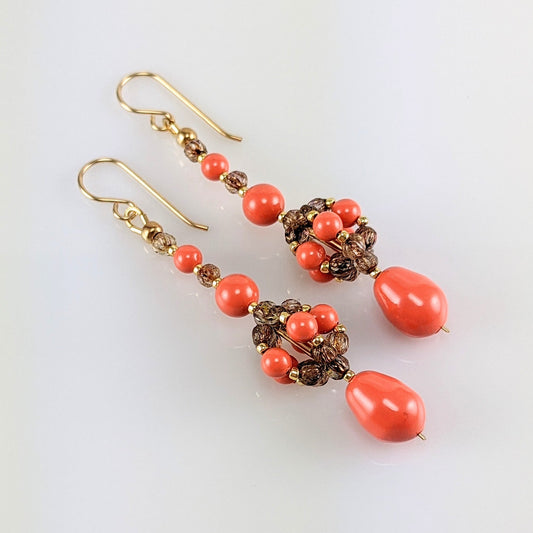 Coral crystal pearl earrings