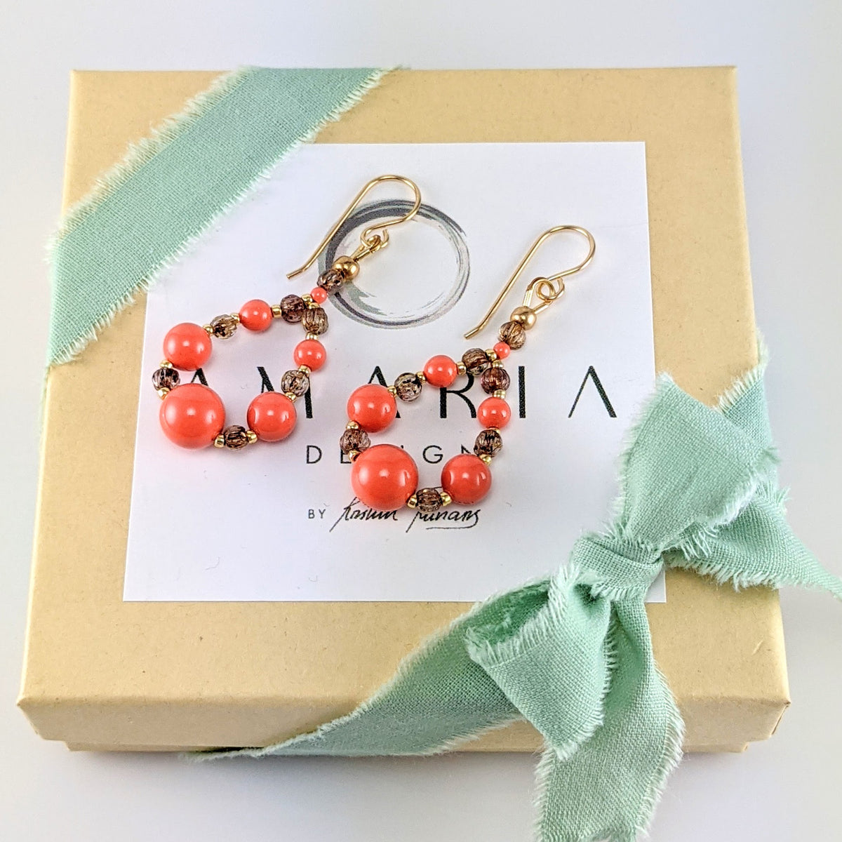 Coral crystal pearl earrings