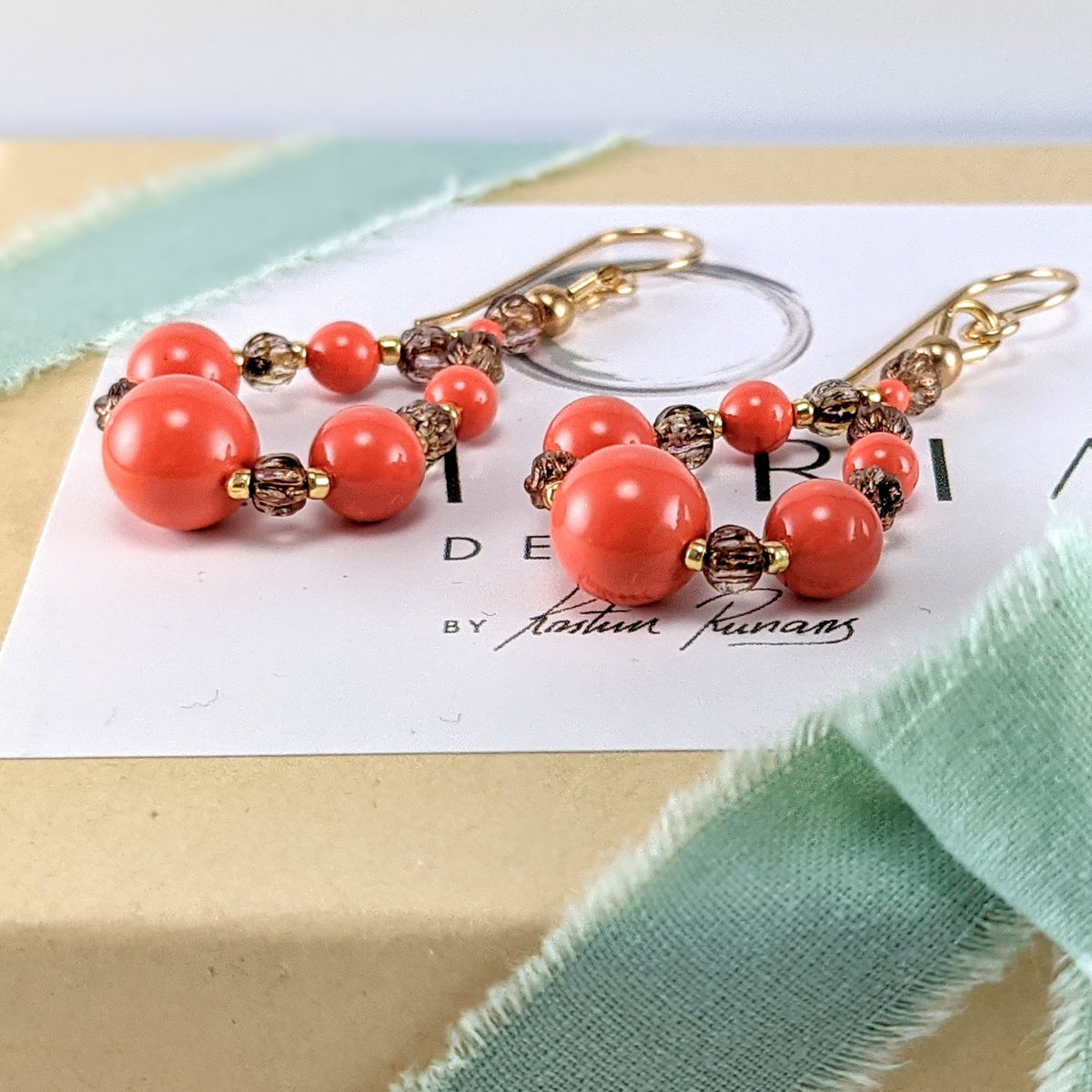 Coral crystal pearl earrings