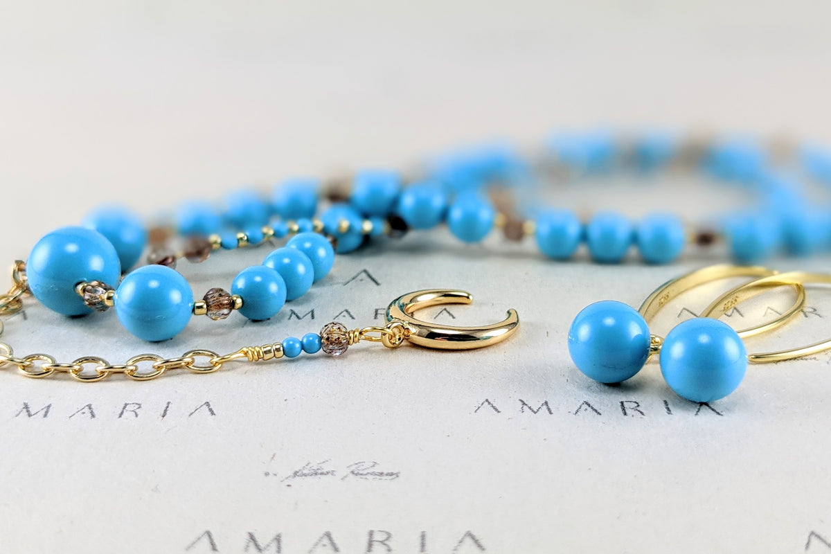 Turquoise blue crystal pearl earrings