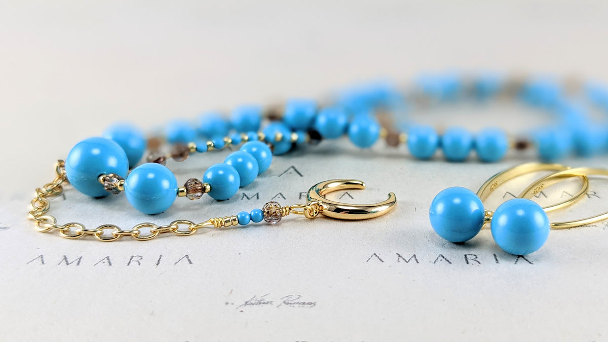 Turquoise blue crystal pearl necklace
