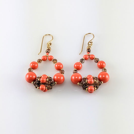 Coral crystal pearl earrings