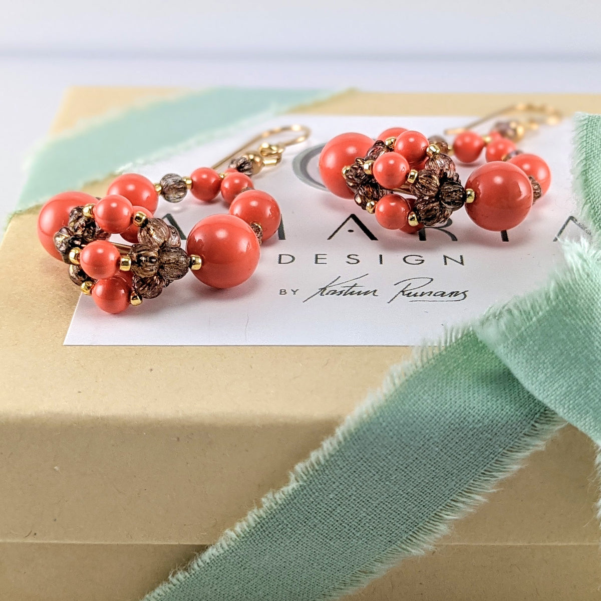 Coral crystal pearl earrings