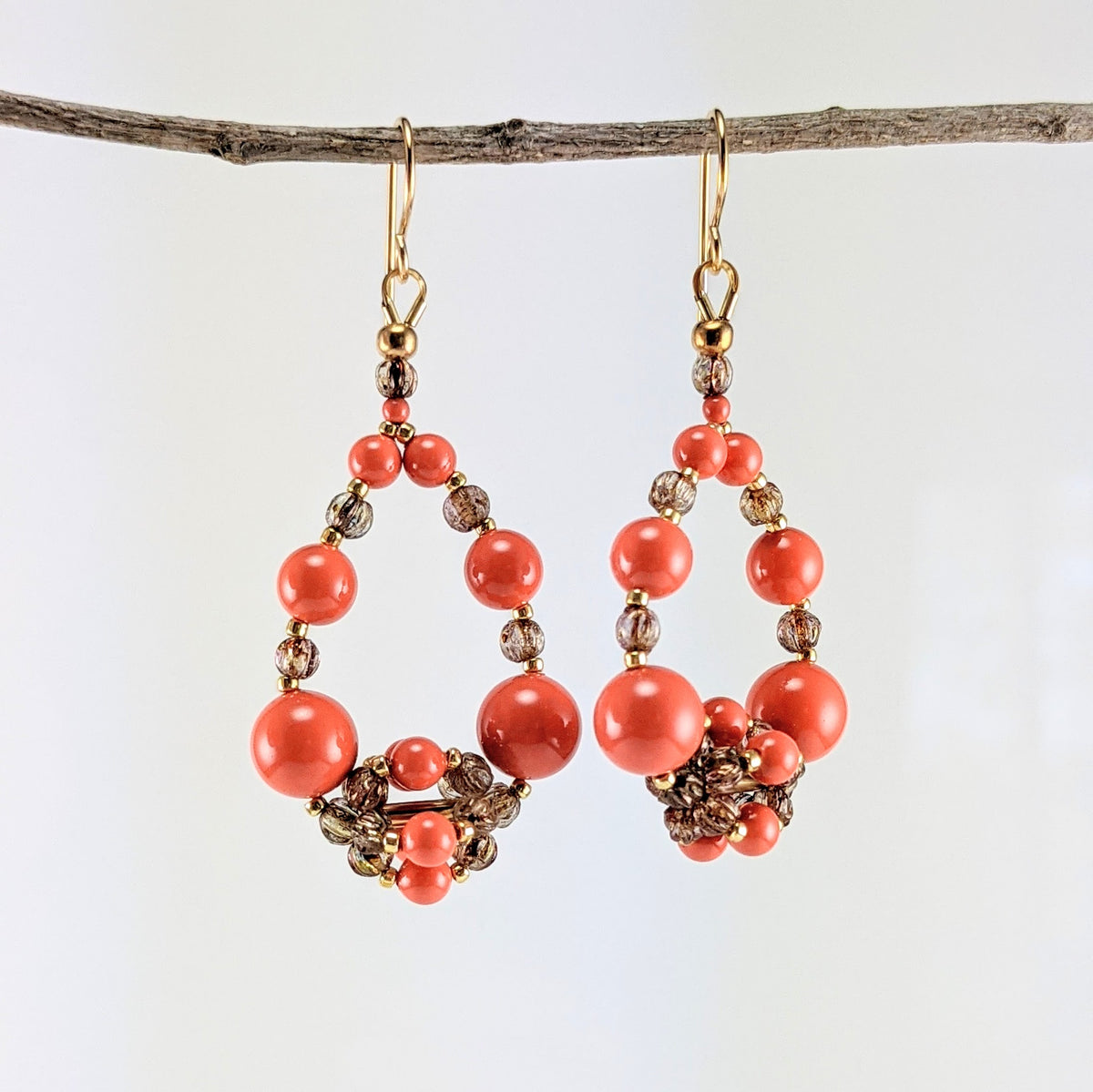 Coral crystal pearl earrings