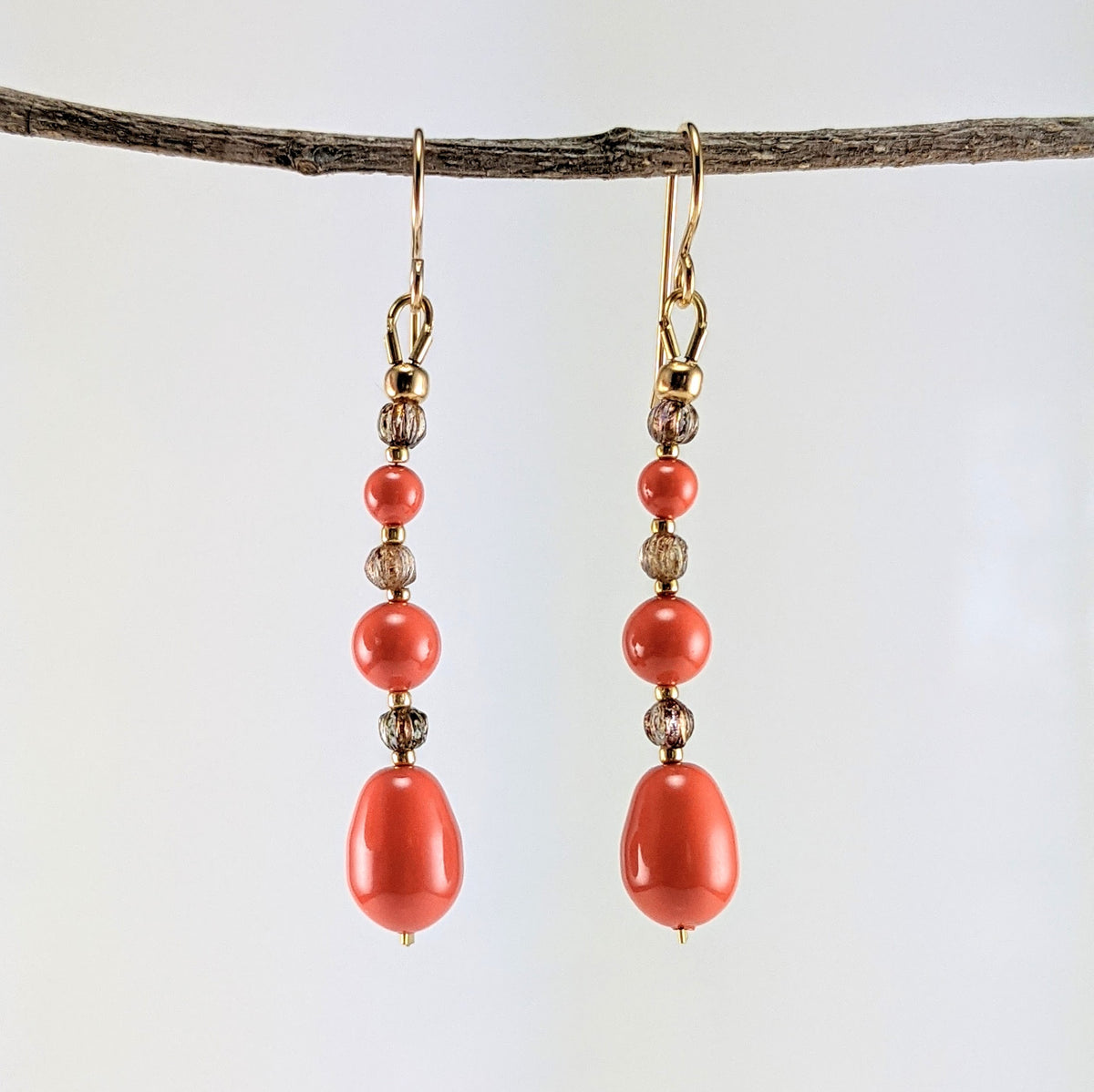 Coral crystal pearl earrings