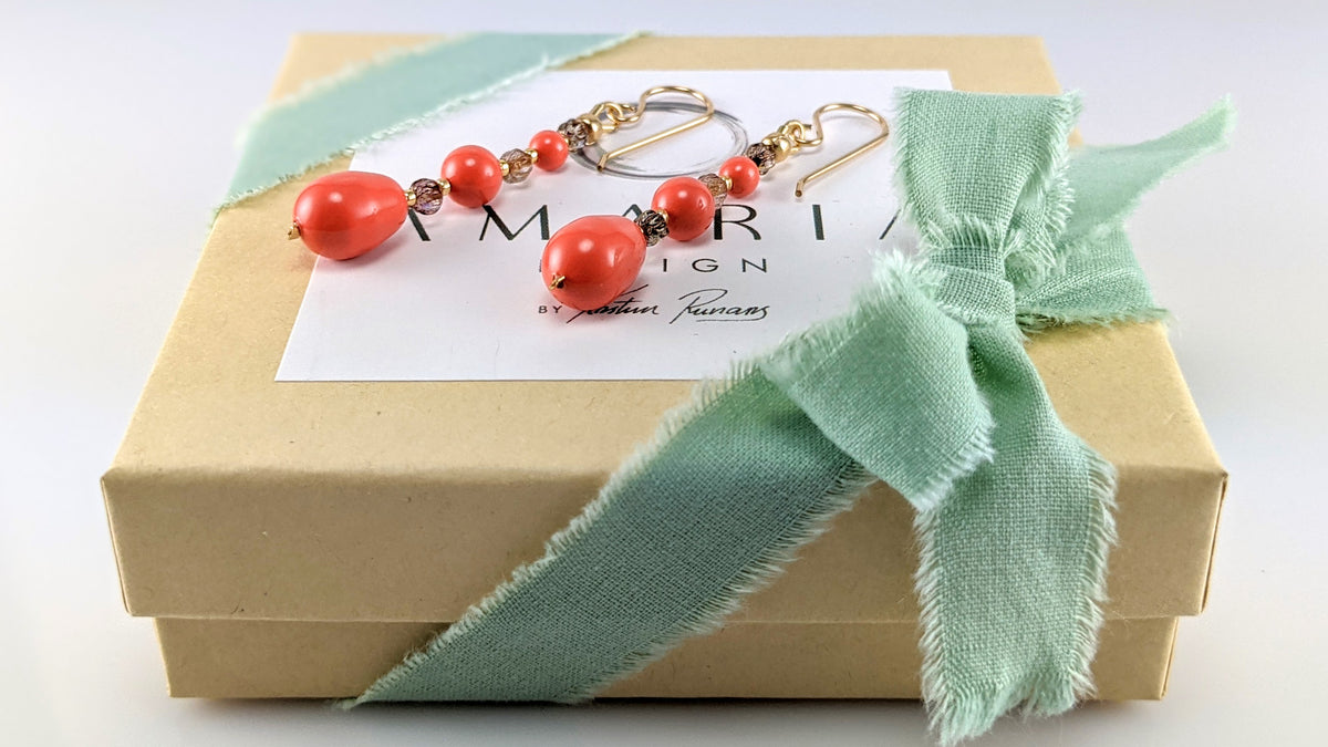 Coral crystal pearl earrings