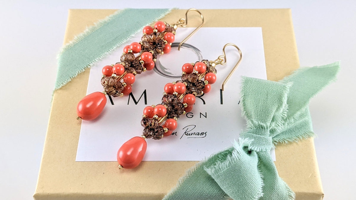 Coral crystal pearl earrings