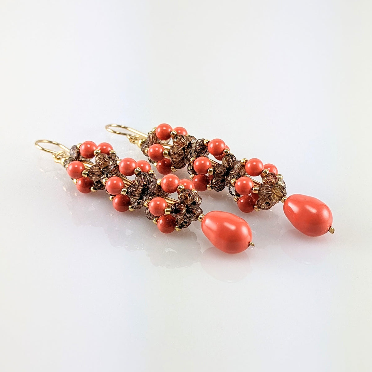Coral crystal pearl earrings